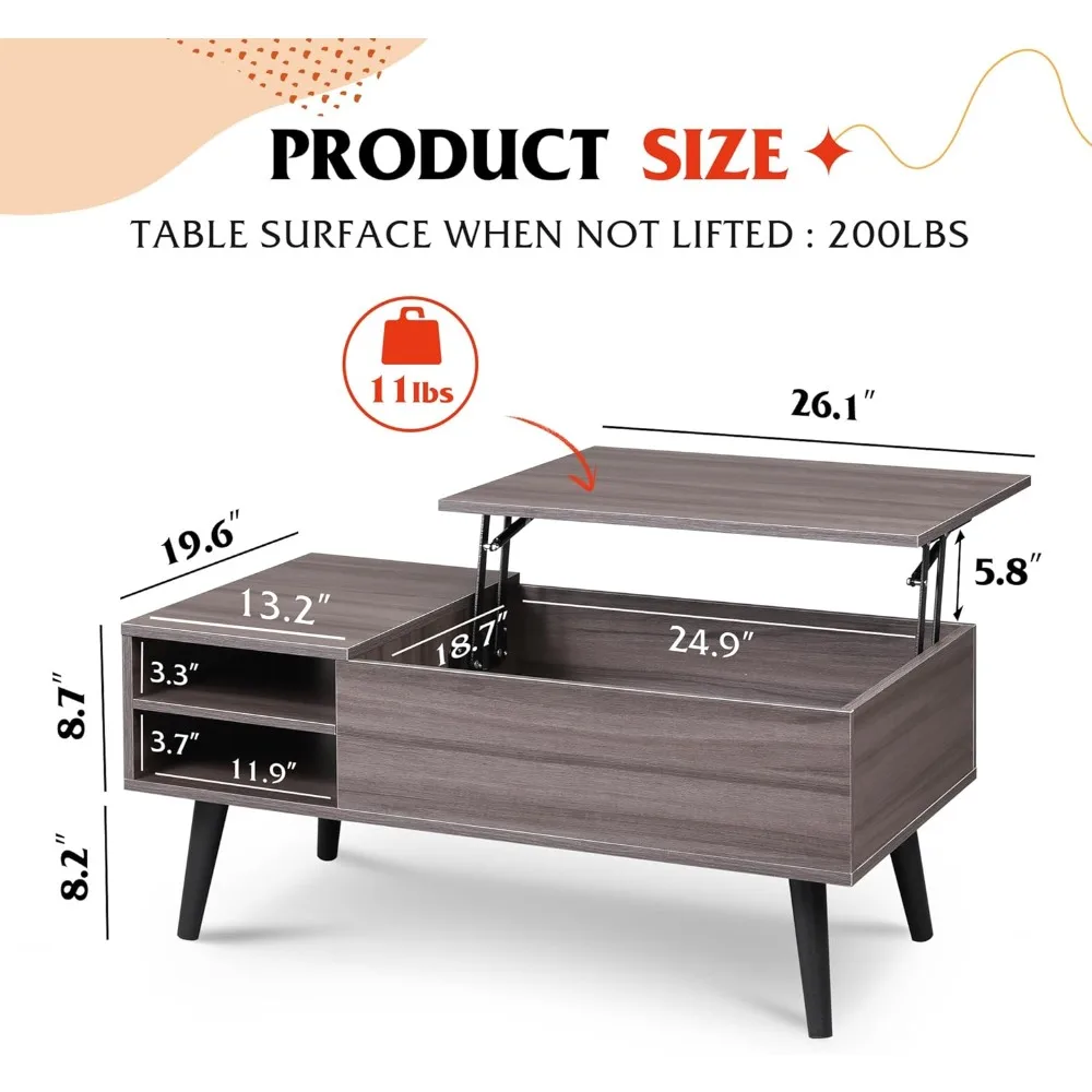 거실용 수납 공간이 있는 리프트 탑 커피 테이블, 작은 숨겨진 칸막이 및 조절 가능한 선반, 미드 센츄리, 모던, 목재, 회색