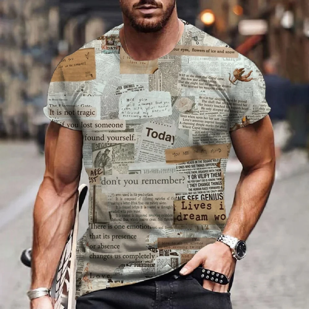 Classic Retro Old Newspaper Men\'s Printed T-shirt Casual Fashion Hip Hop Fun Loose Short Sleeve Street Trend Large Top