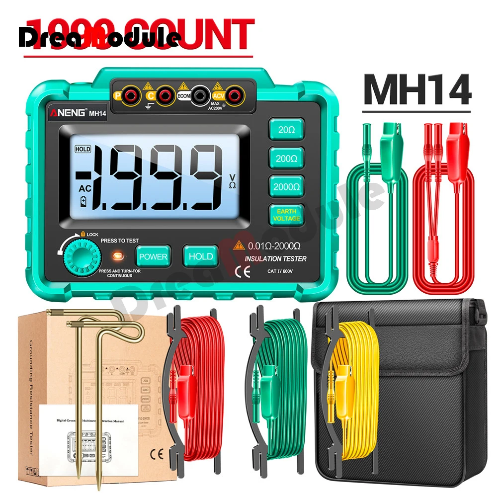 ANENG Green Color MH14 Ground Resistance Megohm 1999Conuts Meter Testers Megohmmeter Voltmeter Ohm Detector without Battery Tool