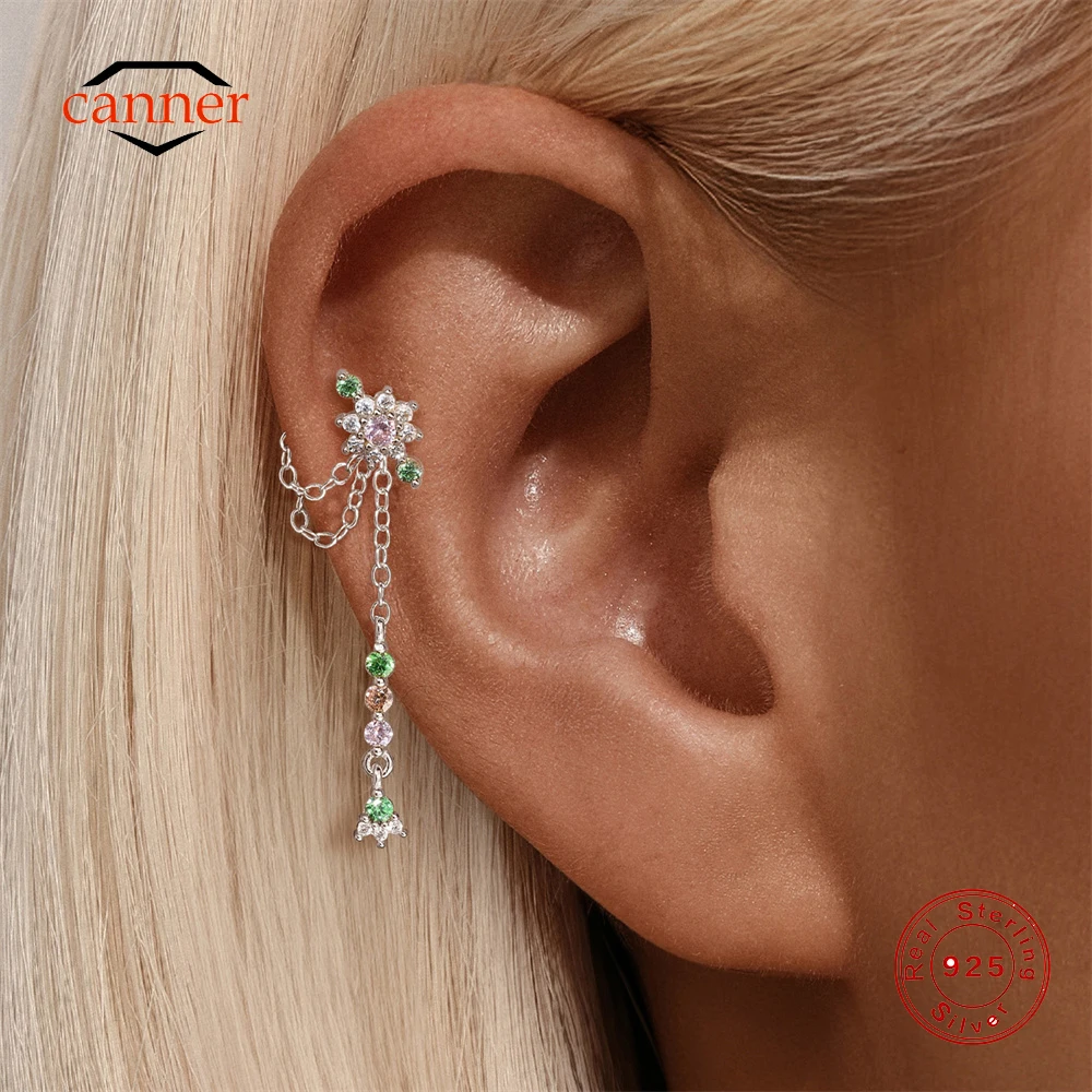 

CANNER 1PC 925 Sterling Silver Pink Green Brown CZ Tassel Chain Piercing Chain Charm Earrings For Women Ins Colored Flower Charm