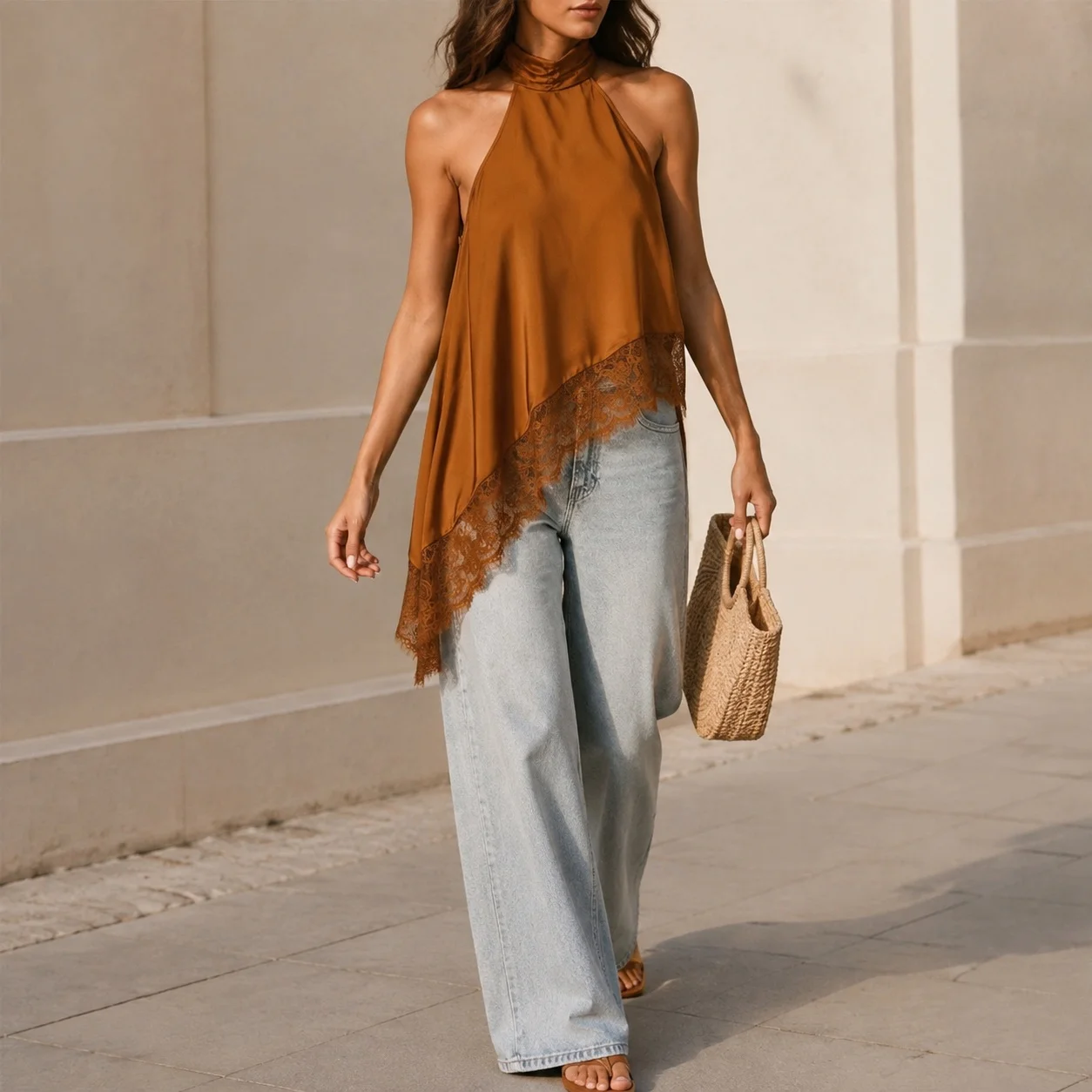 Ruffle Sleeveless Top Regular Fit Socialite Style with Tied Straps Regular Length Mid Neck Autumn Elegant Camisole Top Women