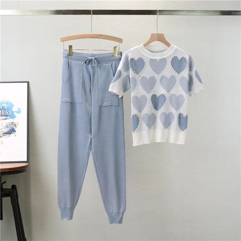 

Women Knit Print Tops Two Piece Pant Sets Pencil Pants Drawstring Pockets Casual Short Sleeve Pullover Round Neck Top Spring