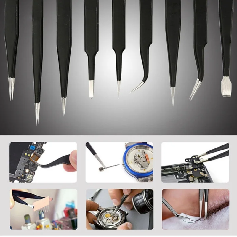

9PCS Antistatic Tweezers Assortment Stainless Steel Multifunctional Tweezers Set For Electronic Repair