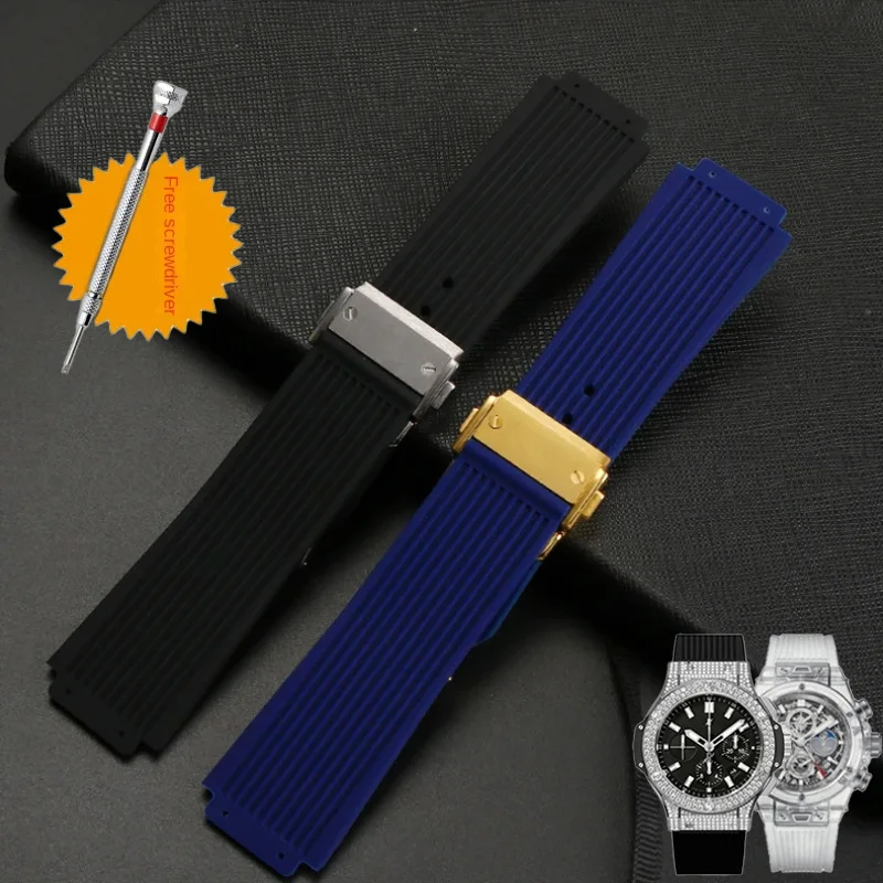 ل Hublot BIG BANG ساعة مطاطية الفرقة الرجال النساء سوار 25*19 مللي متر الأسود ساعة سيليكون حزام معدني فراشة مشبك اكسسوارات