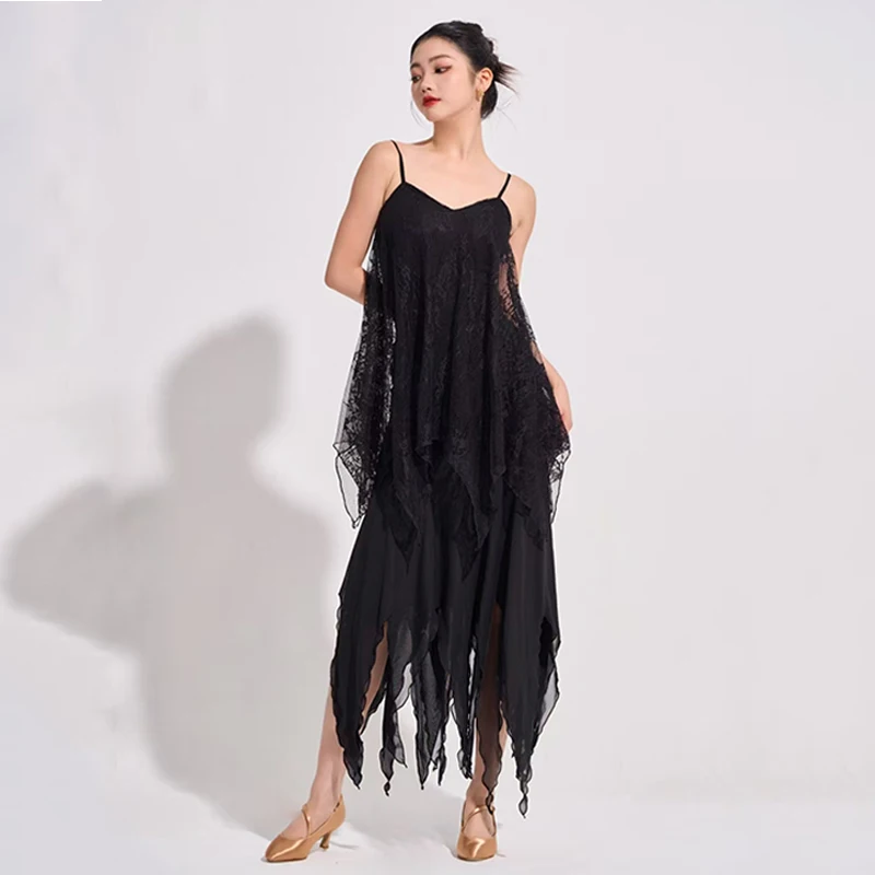 New Latin Ballroom Dance Clothes Women Black Tops Irregular Mesh Skirt Waltz Dancing Performance Costume Practice Wear  DNV24518