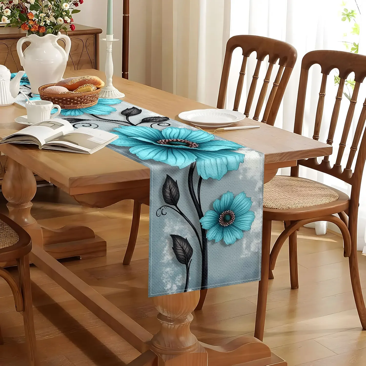 1 Flower Theme Table Runner with Turquoise Flowers and Leaves Pattern, Suitable for Spring Theme Decoration, Garden Party, Bohem