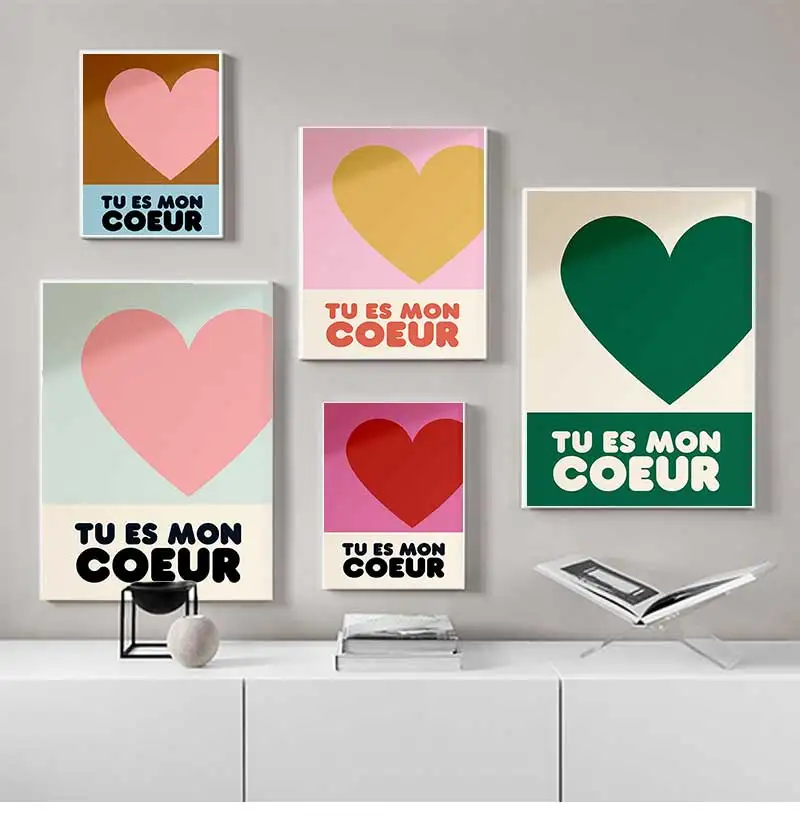 Tu Es Mon Coeur Poster Colorful Heart Pictures Mid Century Wall Art Decor Canvas Painting Couples Gifts Bedroom Home Decorative