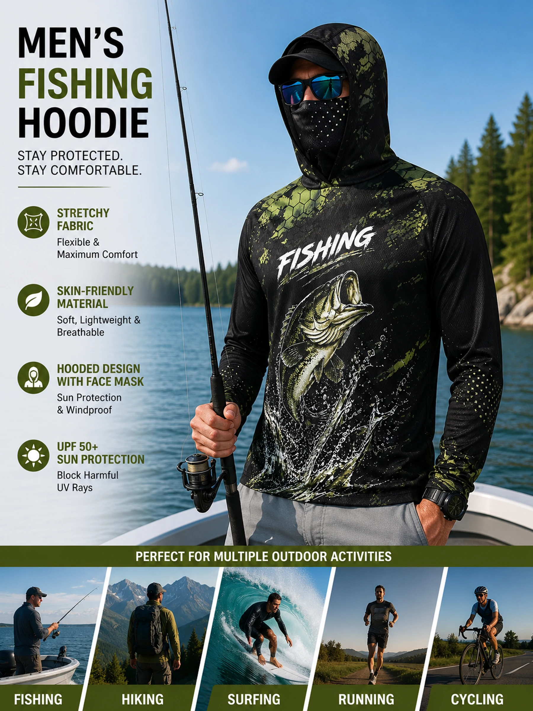 

Outdoor Fishing Hoodie for Men UPF 50+ Breathable Long Sleeve Bass Fish Graphic Athletic Shirt for Hiking Running and Boating