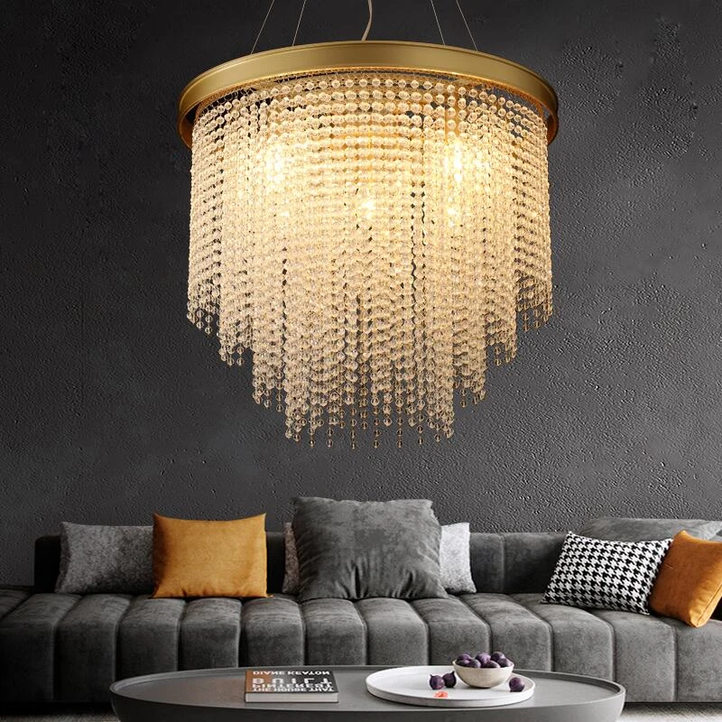 French style round crystal chandelier circle luxury living room modern tassel simple LED ring decorative lighting
