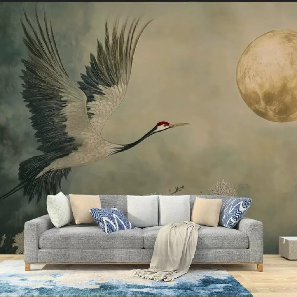 Customized Wallpaper New Chinese Retro Art Crane Landscape Photo mural Bedroom Living Room Study Background Wall Wallpaper ﻿