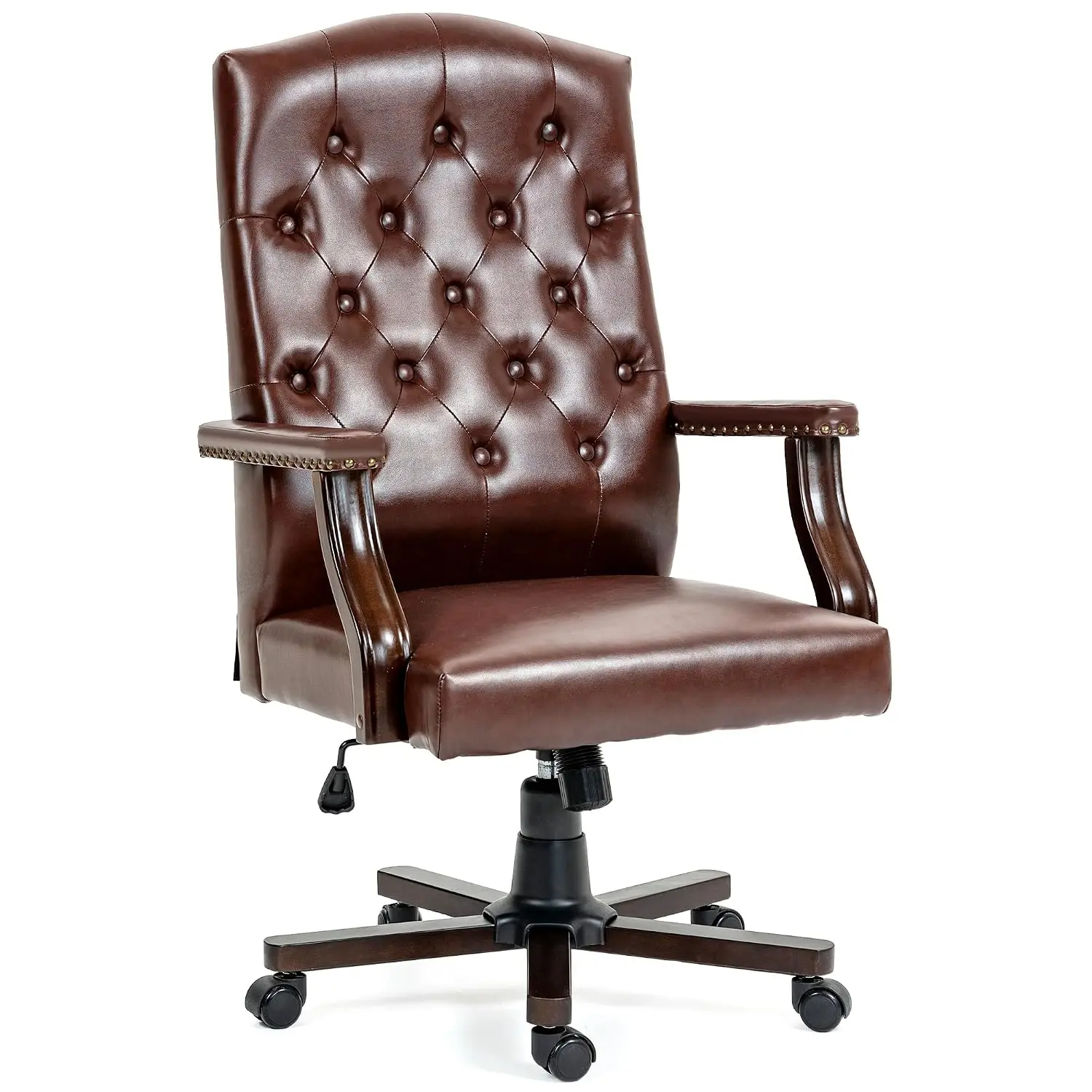 High Back Executive Office Chair, Faux Leather Wing Back Swivel Computer Desk Chair, Vintage Farmhouse Style, Brown, Customized