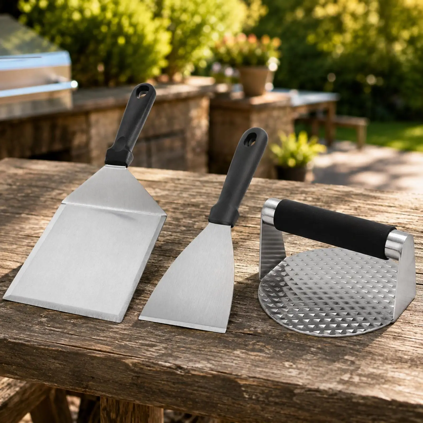 3 Pieces Bbq and Patty Press Set Ergonomic Stainless Steel Griddle Tool Set Complete for Backyard Barbecues, Camping Cookouts