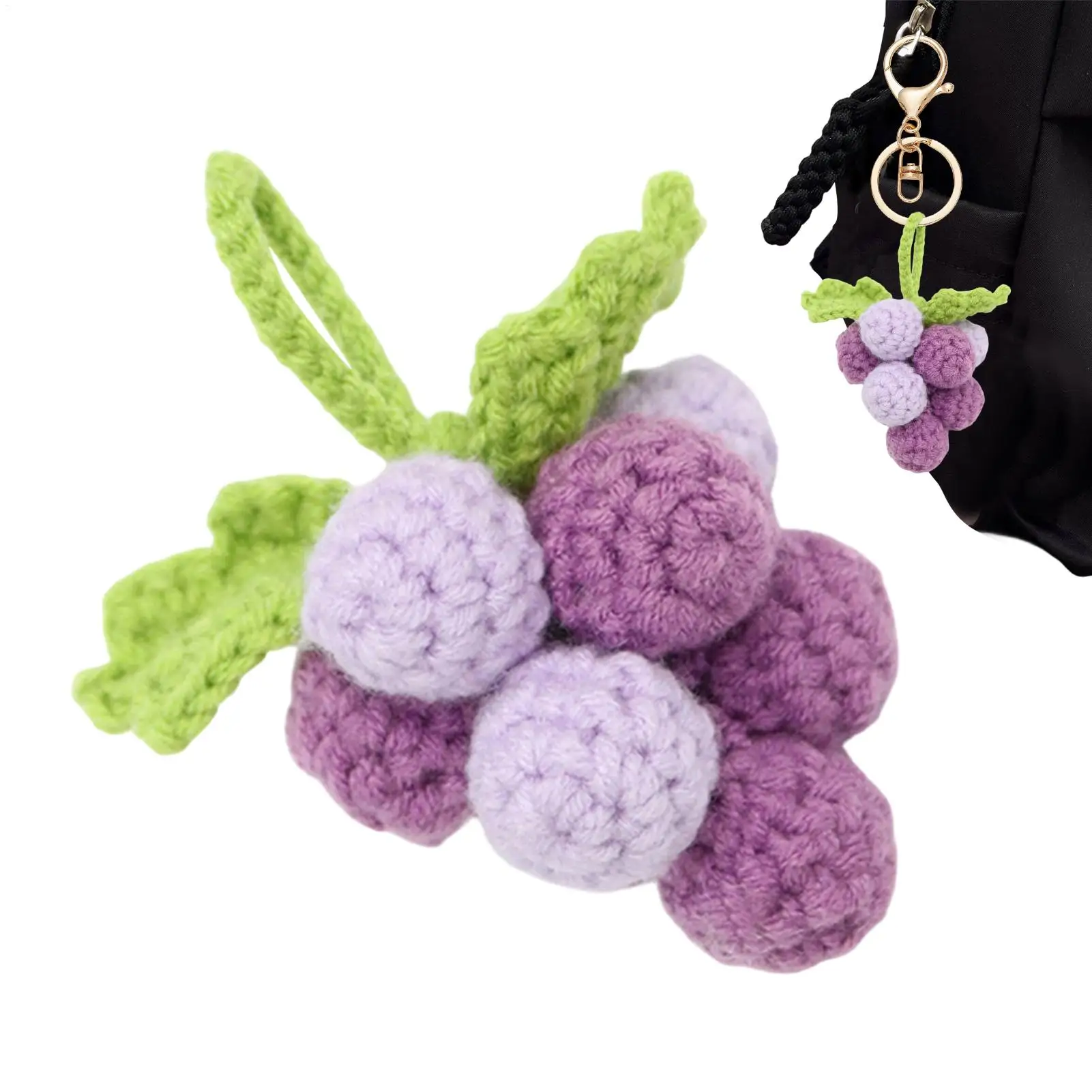 Grape Keychain Charm Cute Handcrafted Crochet Ornament Decor Small Bag Charm for Handbag Tote Backpack Keychain Car Women Girls
