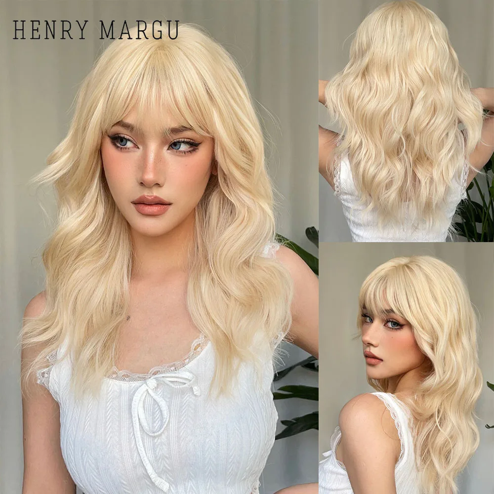 HENRY MARGU Long Wavy Blonde Synthetic Wigs Platinum Daily Natural Hair Wigs With Bangs Cosplay Wig for Women Heat Resistant