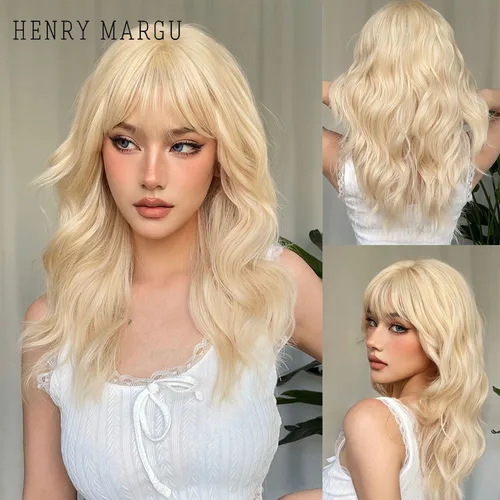 Pelucas sintéticas de color rubio largo ondulado HENRY MARGU, pelucas de pelo Natural para uso diario de platino con flequillo, peluca de Cosplay para mujeres resistentes al calor