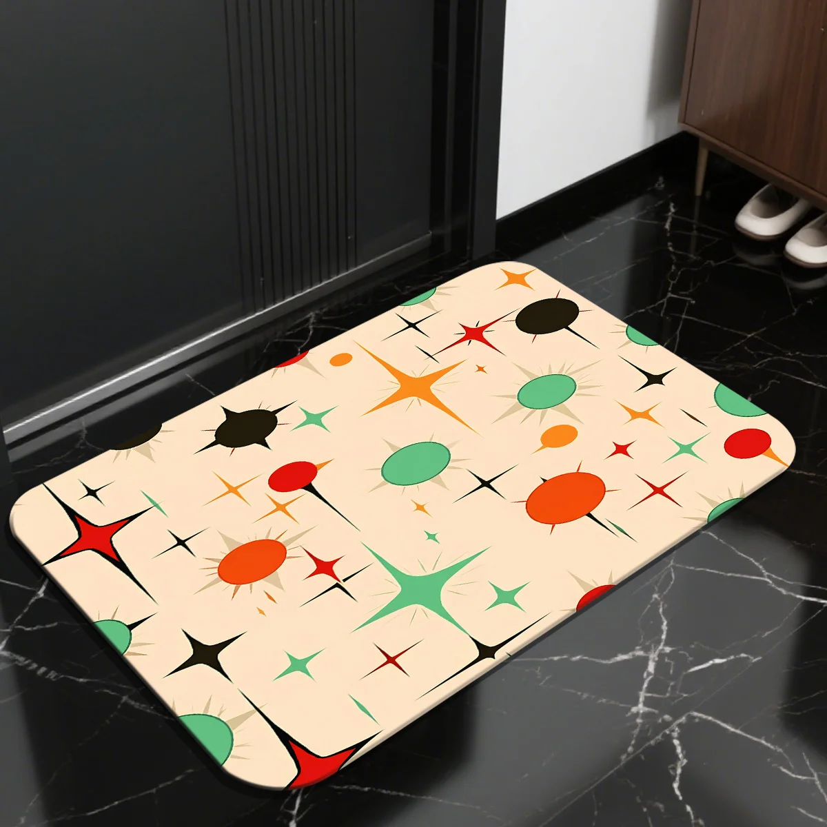 Retro Mid Century Modern Doormat, Vintage Atomic Starburst Rug, Colorful Geometric Floor Mat, Non-Slip Kitchen Home Decor