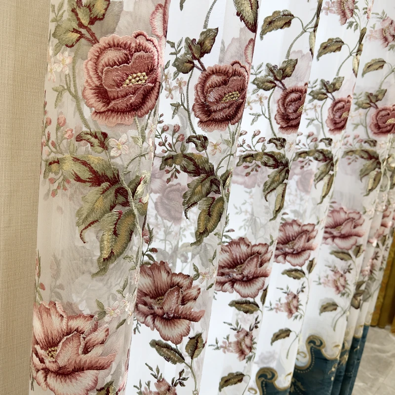 New Green Grey Hollow Out Rose Embroidery Velvet Splice Window Screen Curtains for Living Room Bedroom Villa Customization