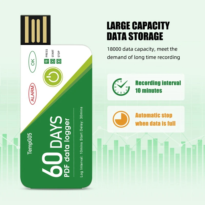 Registrador de datos de temperatura USB 3CGRO-60 días -30 ℃ -+60 ℃   Informe con aplicación Registrador de alta precisión desechable IP67 con advertencia