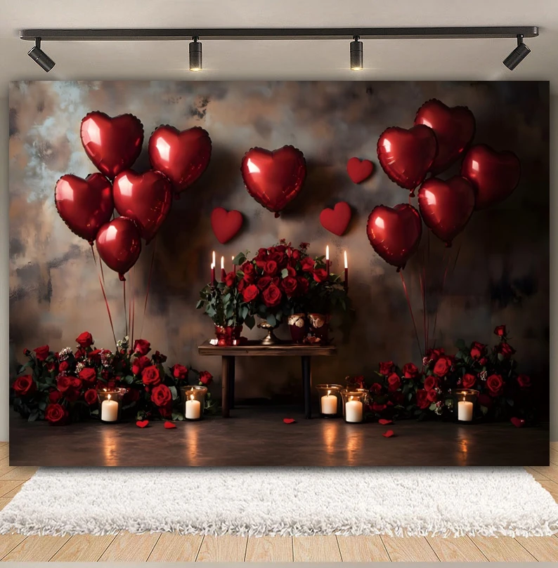 Toile de fond de la fête de Léon, rétro, château européen, cheminée, coeur d'amour rouge, ballon, fleur, décoration de fond de photographie de fête de mariage