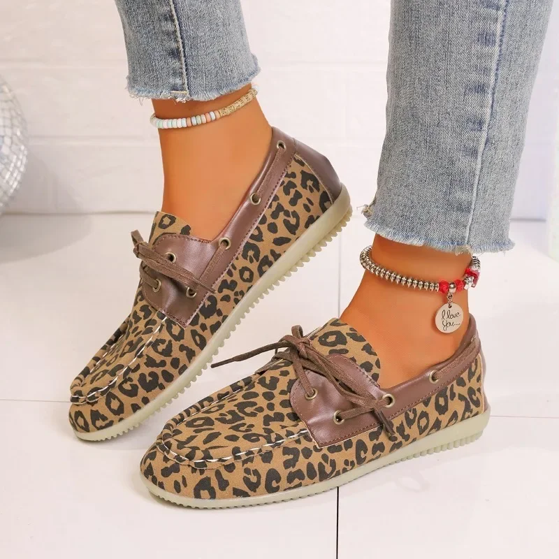 2024 hohe Qualität Damen Schuhe Lace-up frauen Wohnungen Mode Leopard Print Casual Wohnungen Frauen Heißer Verkauf Plus größe Flache Niedrigen Absätzen