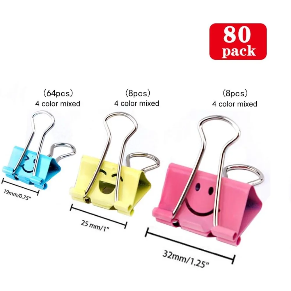 80Pcs Assorted Binder Clips, Cute Smiling Face Paper Clamps, Rust-Resistant Metal, 3 Sizes for Office, School, Kitchen