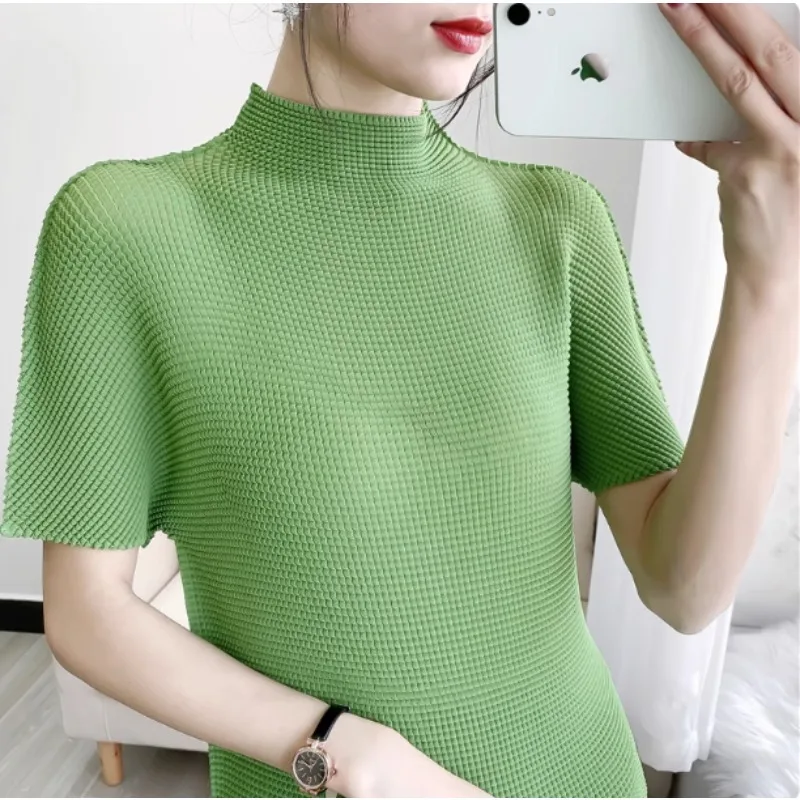 

Miyake Pleated T-shirt Japanese Classic Models Corn Pleats 2025 Summer Fashion Versatile Small High Neck Pullover Short-sleeved