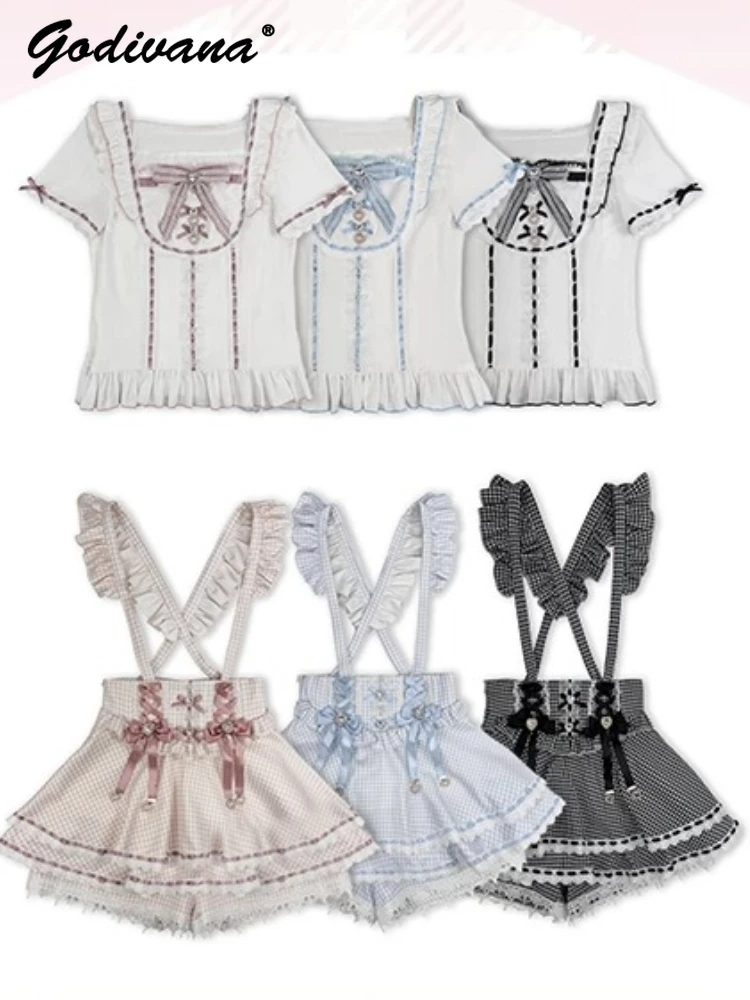 

Original New Spring/summer Cute Girls Women's Short Sleeve Shirt Top Lace-up High Waist Straps Skirt Lolita Skirt Set Outfits