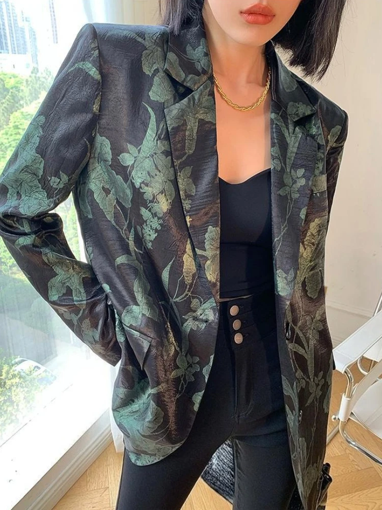 Women's 2025 Spring/Autumn High-End Black Blazer - French Style Slimming Versatile Printed Jacket