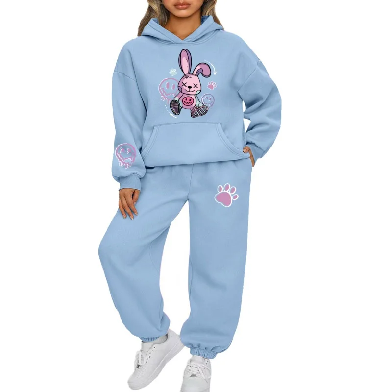 2025 Spring and Autumn Sportswear High end Printed Hooded Long sleeved Hoodie Tight Foot binding Pants Fashion Two piece Set