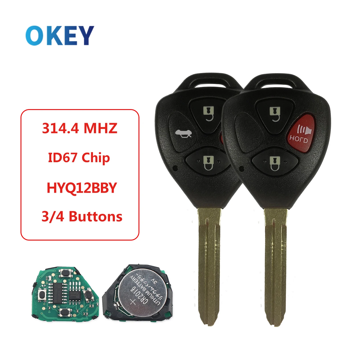 Okey zdalny kluczyk samochodowy do Toyota RAV4/Hilux/Camry 3 przycisk inteligentny pilot do kluczyka samochodowego 314.4Mhz HYQ12BBY ID67 Chip