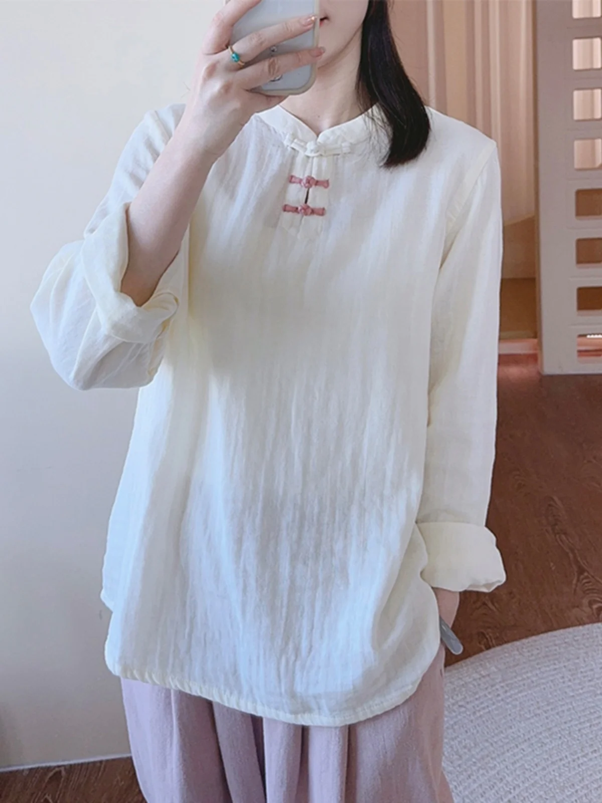 

Удобный двухслойный хлопковый топ большого размера, женский повседневный длинный воротник-стойка, весенний топ, модная одежда для поездок на работу