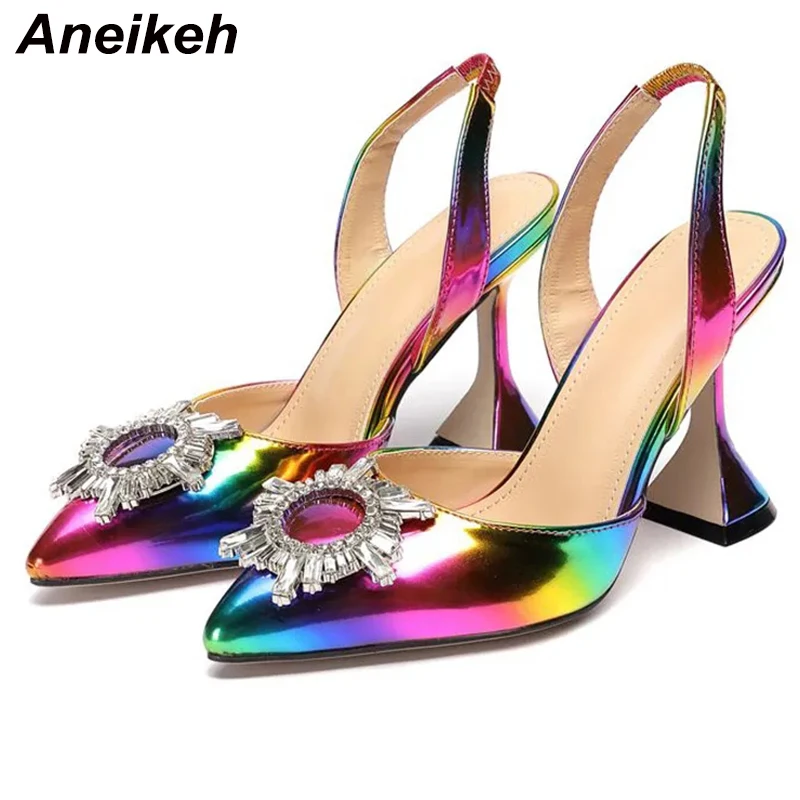 Aneikeh Pointed Toe Sun Style Rhinestone Rainbow Color Pumps Sandals Women High Heels Weeding Spike Heel Slingback Shoes