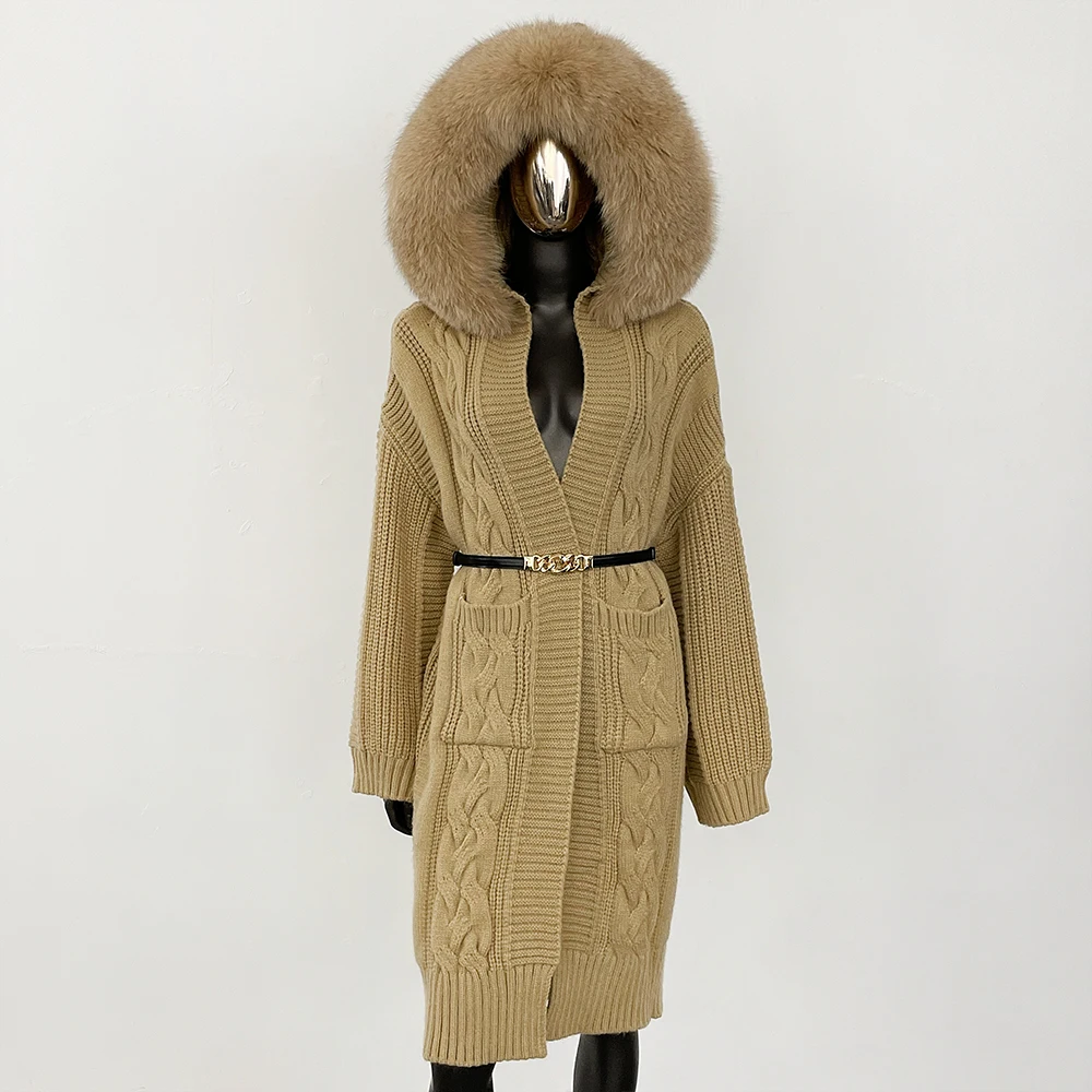 OFTBUY Real Fox Fur Jacket Autumn Cardigan Hooded Knitwear Women Spring Real Fur Coat Knitted Coat Clothes Belt Sweater Female