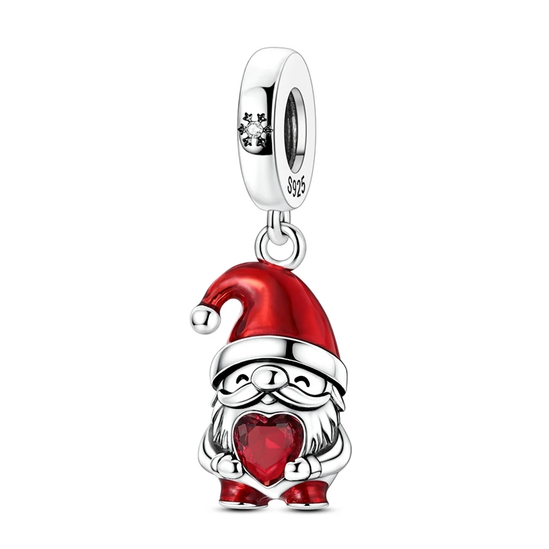 925 Sterling Silver Charms Bead CZ Zircon Santa Claus Holds Heart Pendants DIY Jewelry Woman Gift