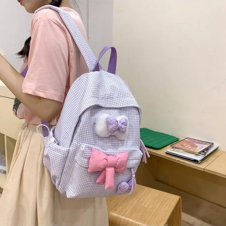 Nylon lightweight student kawaii schoolbag with contrasting colors and cute bow, a commuter travel bag for girls