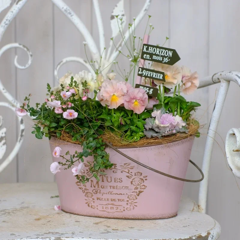 Courtyard Garden Decoration Home Furnishing Balcony Ironwork Vintage Hand Held Flower Pot Stamped Relief Horticultural Plant Tub