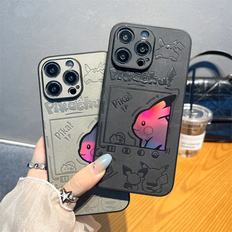 

Luxury Laser Suede Soft Leather Cute Cartoon P-Pokemon Phone Case For 14 15 13 12 11 16Pro Max 3D Anime P-Pokemon Anti-fur Shell