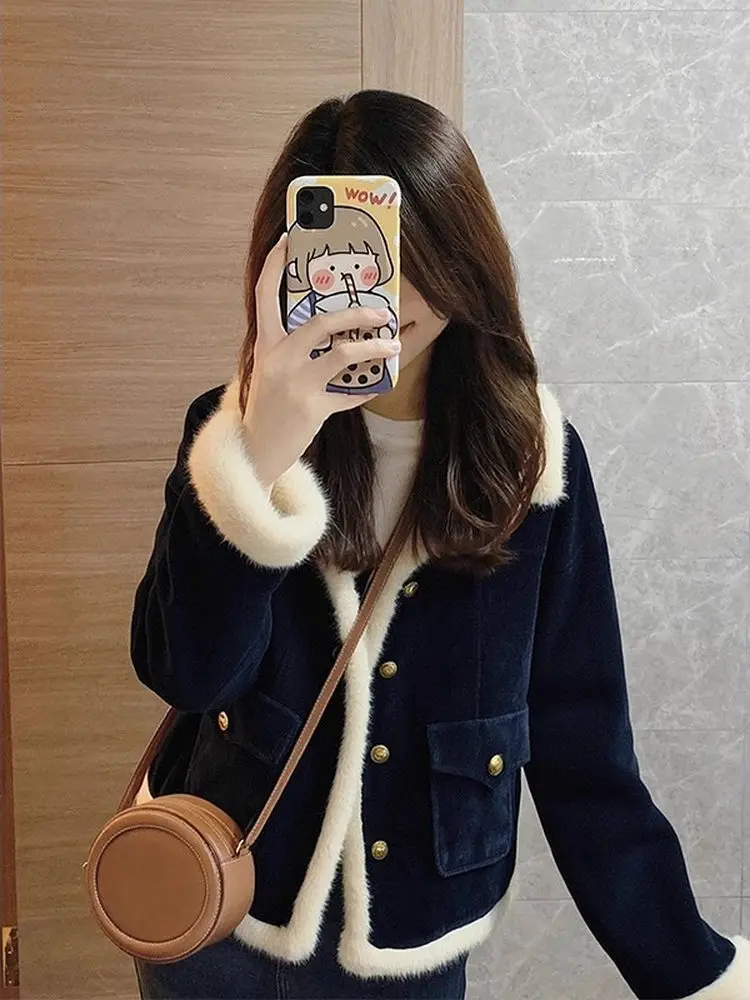 Lamb Fur Short Quilted Jacket Women's Fashion Thickened Flocking Outerwear Luxury Style Standard Version Long Sleeve Coat