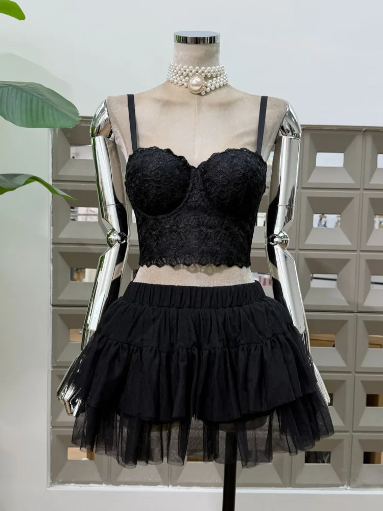 DFDG Dames Lente Zomer Beige Kant Cami Tule Rok Set Gelaagde Zoom Vrijetijdskleding 2025, Trendy Vrouwelijke Mode Outfit Set