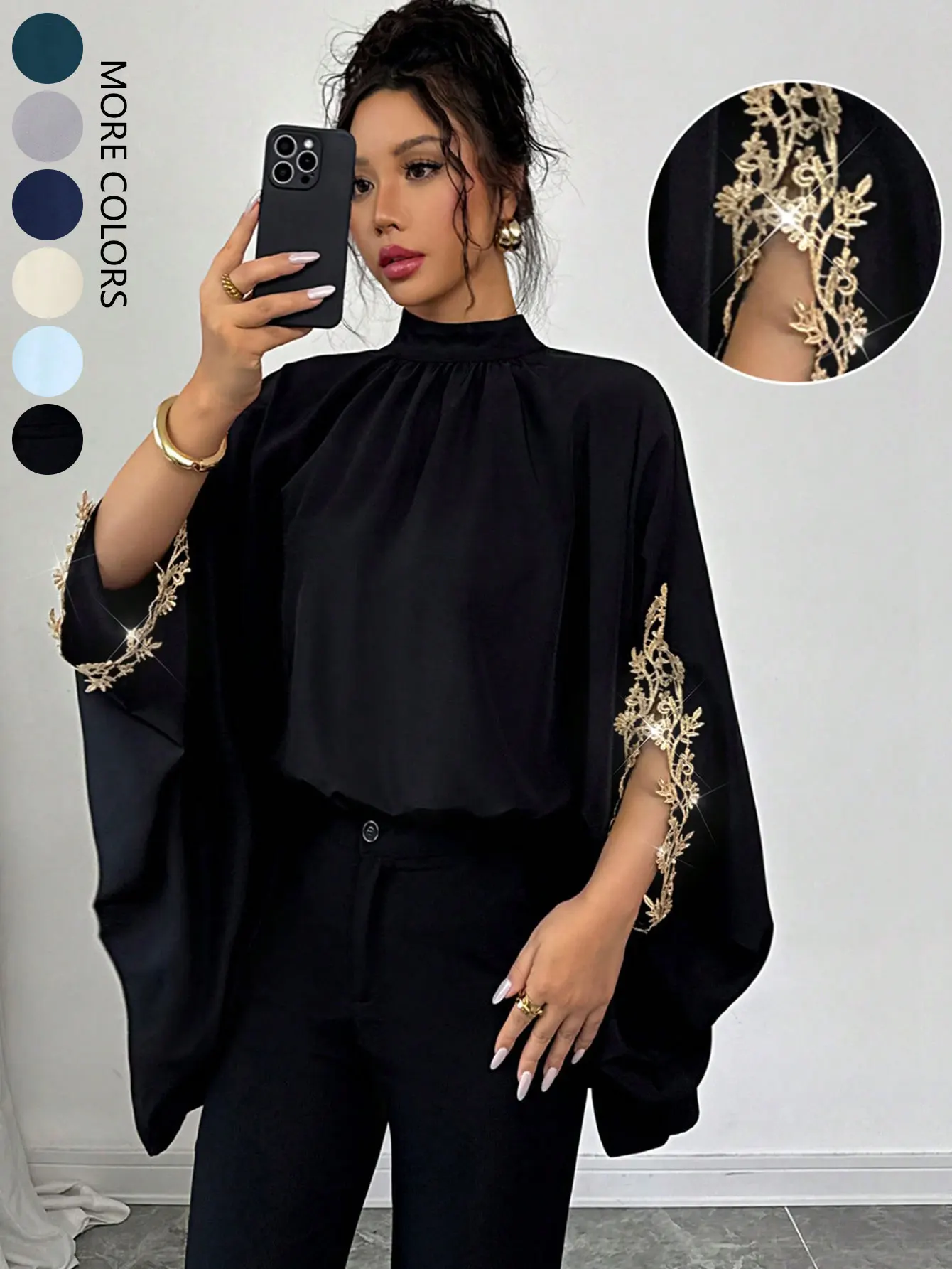 Womens High Neck Poncho Blouse Patchwork Gold Embroidered Bell Sleeve Tie Back Elegant Evening Asymmerent Blouse Tops