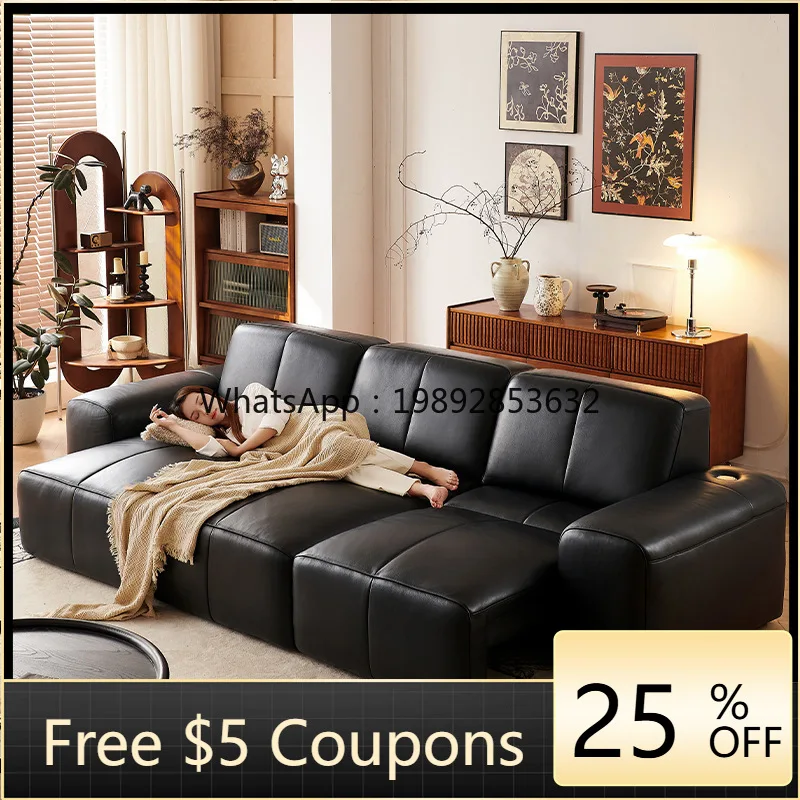 YFY Retro Living Room Electric Retractable Dual-use Sofa Zero Wall Charging Multi-functional Leather Big Black Cow Sofa Bed