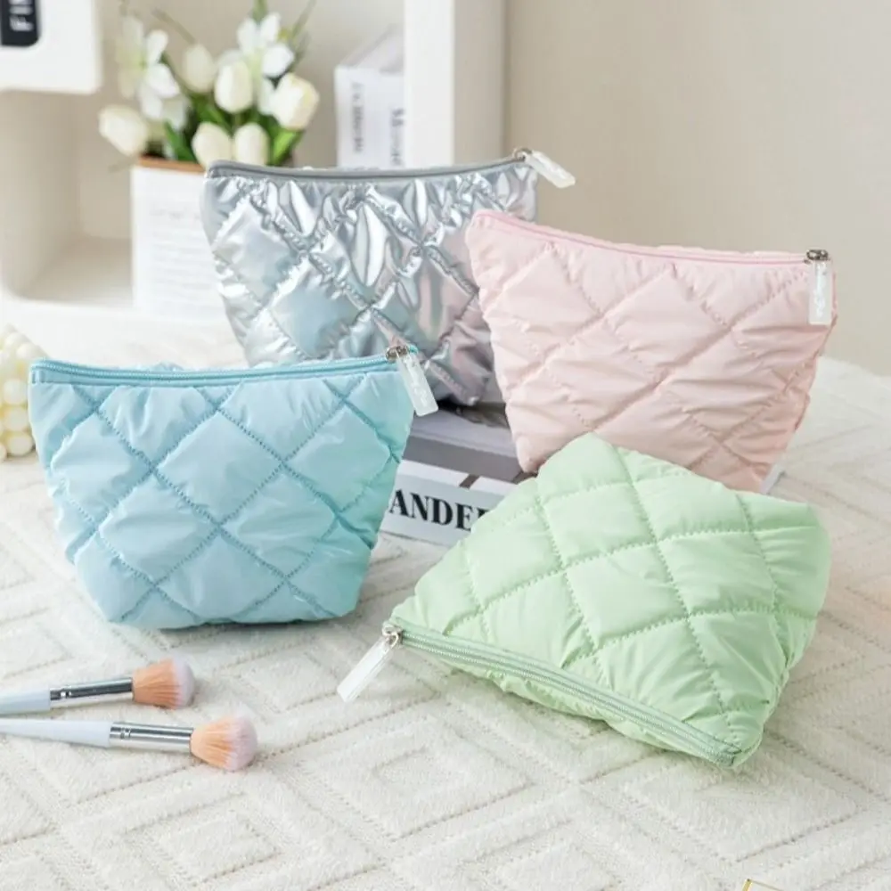 3pcs/set Nylon Cotton Quilted Makeup Bag Solid Color Multi-function Toiletry Cosmetic Pouch Zipper Lightweight