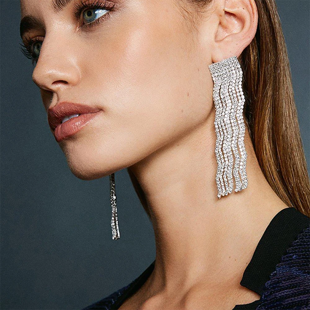 

StoneFans Luxury Full Rhinestone Long Tassel Drop Earrings Women Statement Silver Color Dangle Earrings Party Accessories