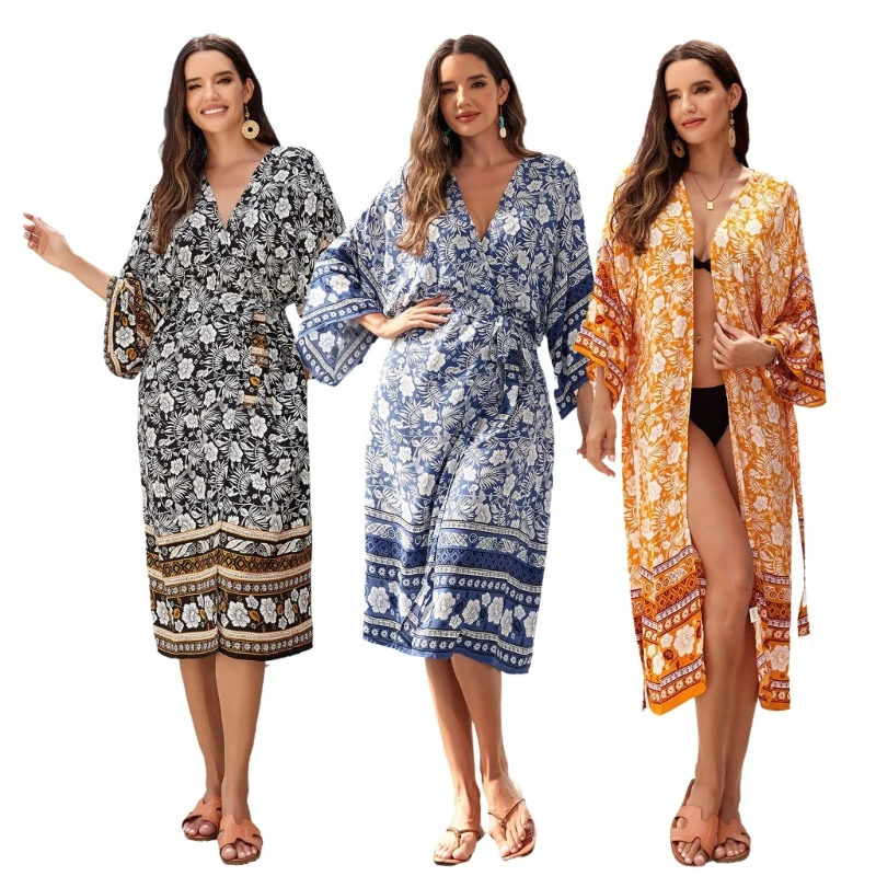 Womens Open Front Kimono Cardigans Vintage Flower Loose Summer Top with Belt Long Sleeve Beach Dress Swimsuit Cover Up