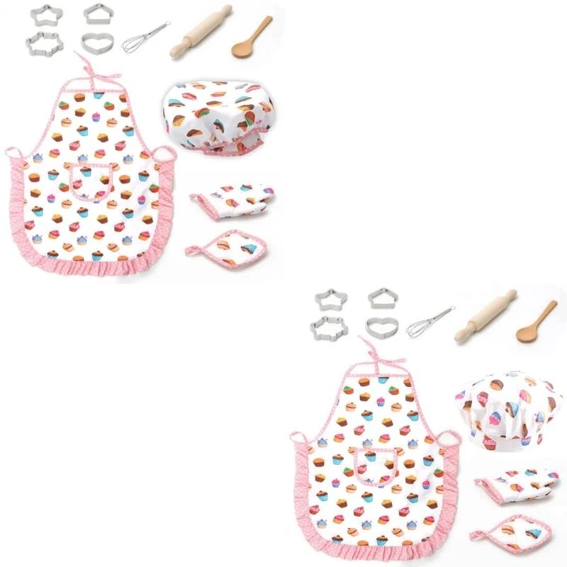 Q0KB Kids Cooking Gloves Hat Set Set Play House Toy Pink Easter Halloween Child Chef Asse Costume Tool Play Play Tool
