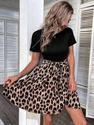 3 Color Blocked Leopard Printed Mini Dress Women Round Neck Short Sleeved Mini Dress Summer Trendy Dresses Vestidos