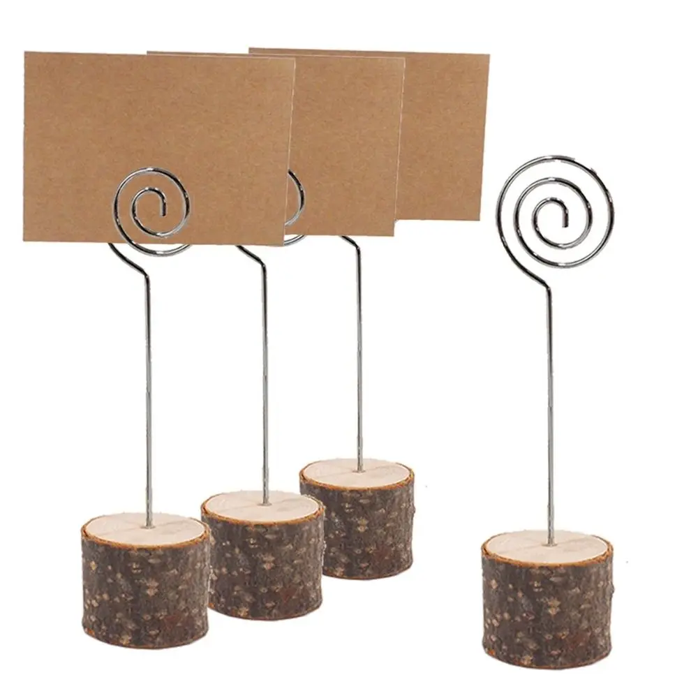 

With Swirl Wire Bark Memo Holder Stand Messege Photo Table Number Name Sign Picture Wooden Memo Clip Holders Desktop Crafts
