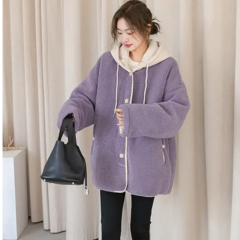 Winter Lamb Cashmere Coat Women Fashion Jackets Clothing Assorted Colors Hooded Thicked Outwear Tops Casual Korean Loose Coat