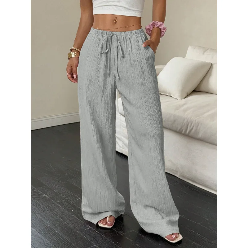 Women's Elegant Multi-Functional Stretch Waist Comfortable Casual Pants, Slightly Stretchy Simple Solid Textured Fabric High-Waist Wide-Leg Pants with Drawstring Waist and Slanted Pockets