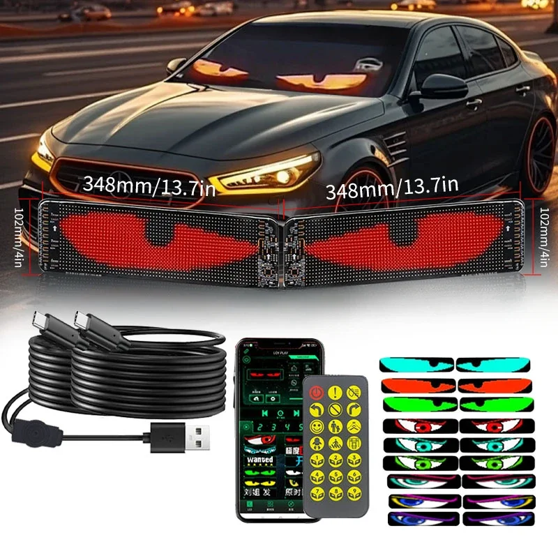 2 PCS Devil‘s Eye LED Animation Screen Light Car Windshield Screen USB Plug-in DIY App Control Flexible Scrolling Text Display